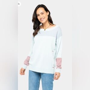 Peace Love World Love Unites Us Blue Sweater w/ Gray & Red Stripes Crew Neck 2XL